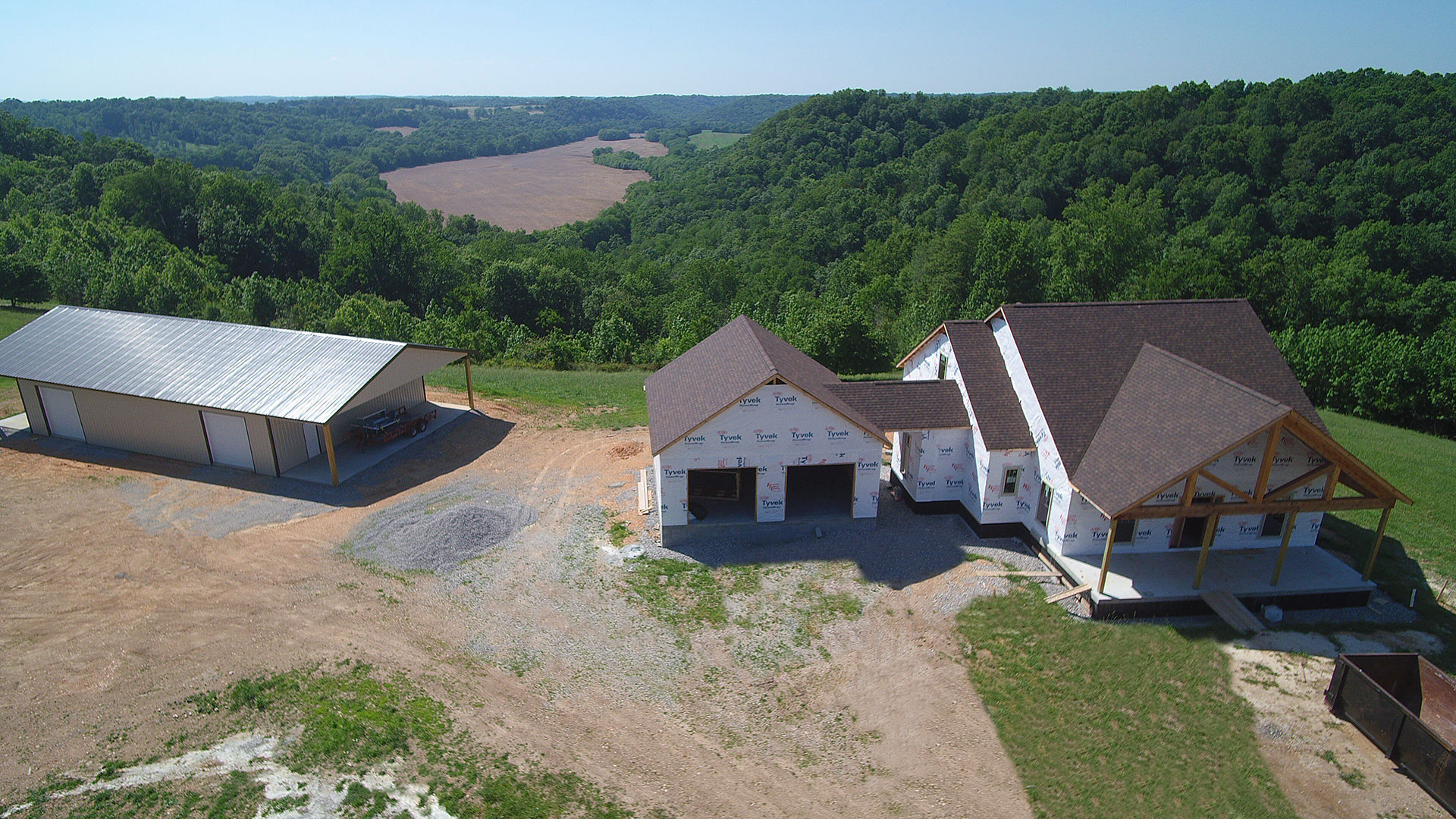 Aerial view of house under construction in scenic Tennessee